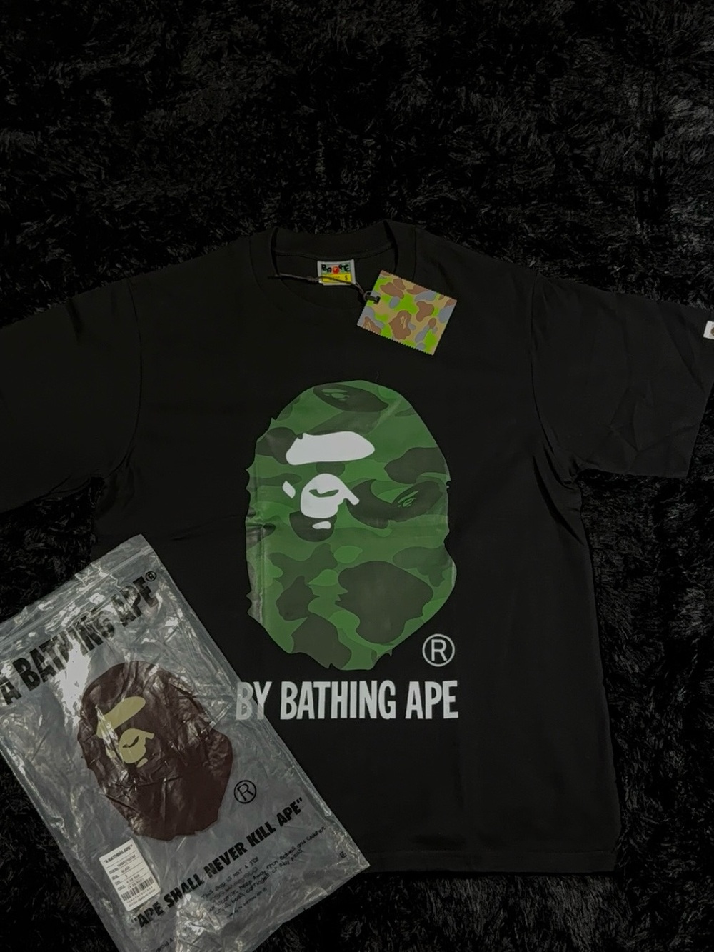 2-3 days shipping,Bape Black Tee with Green Camo Ape Head Print